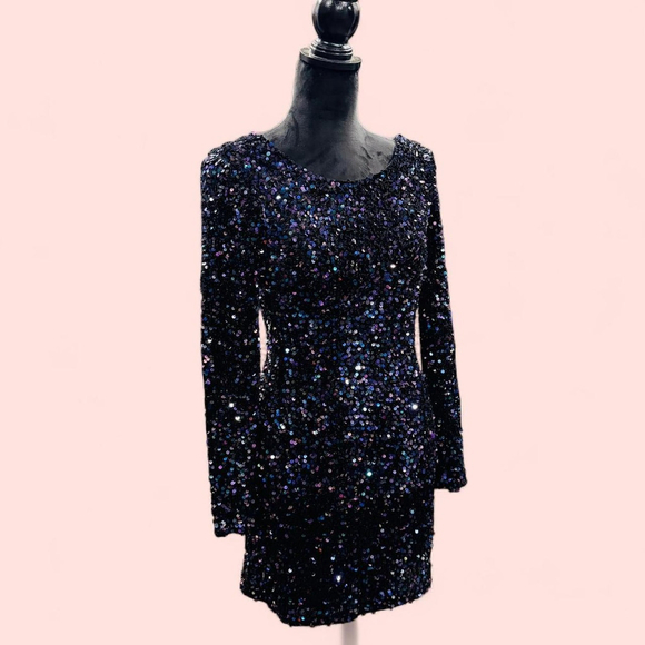 Crystal Sky Black Stretchy Party Sequin Mini Bodycon Dress Plunging Back Small - Picture 1 of 6